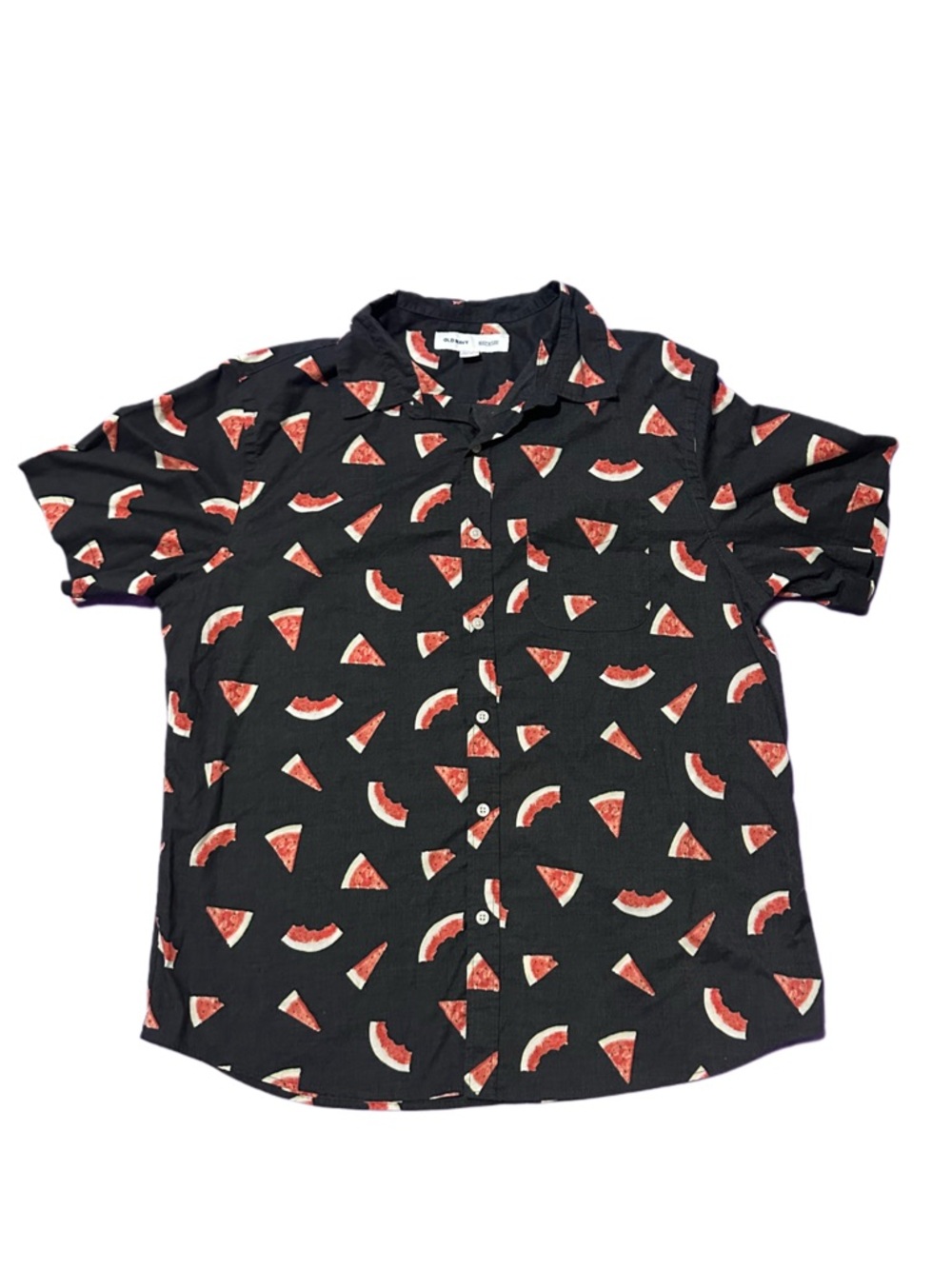 Old Navy Black Short-Sleeve Button-Up Shirt with Watermelon Print